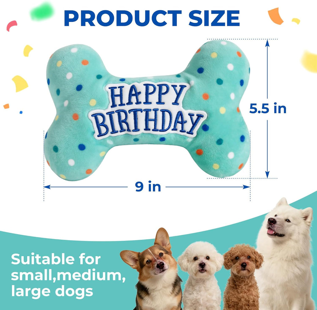 Dog Birthday Toys, Plush Dog Squeaky Toys, Stuffed Puppy Chew Toy for Small Medium Large Dogs, Bone Pet Toy
