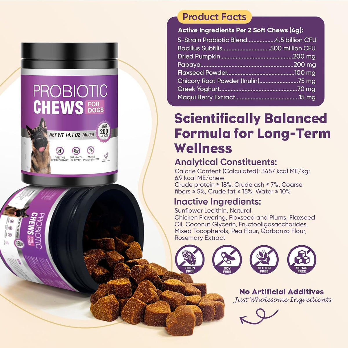 Probiotics for Dogs 200Pcs Dog Probiotics for Digestive Health Chicken