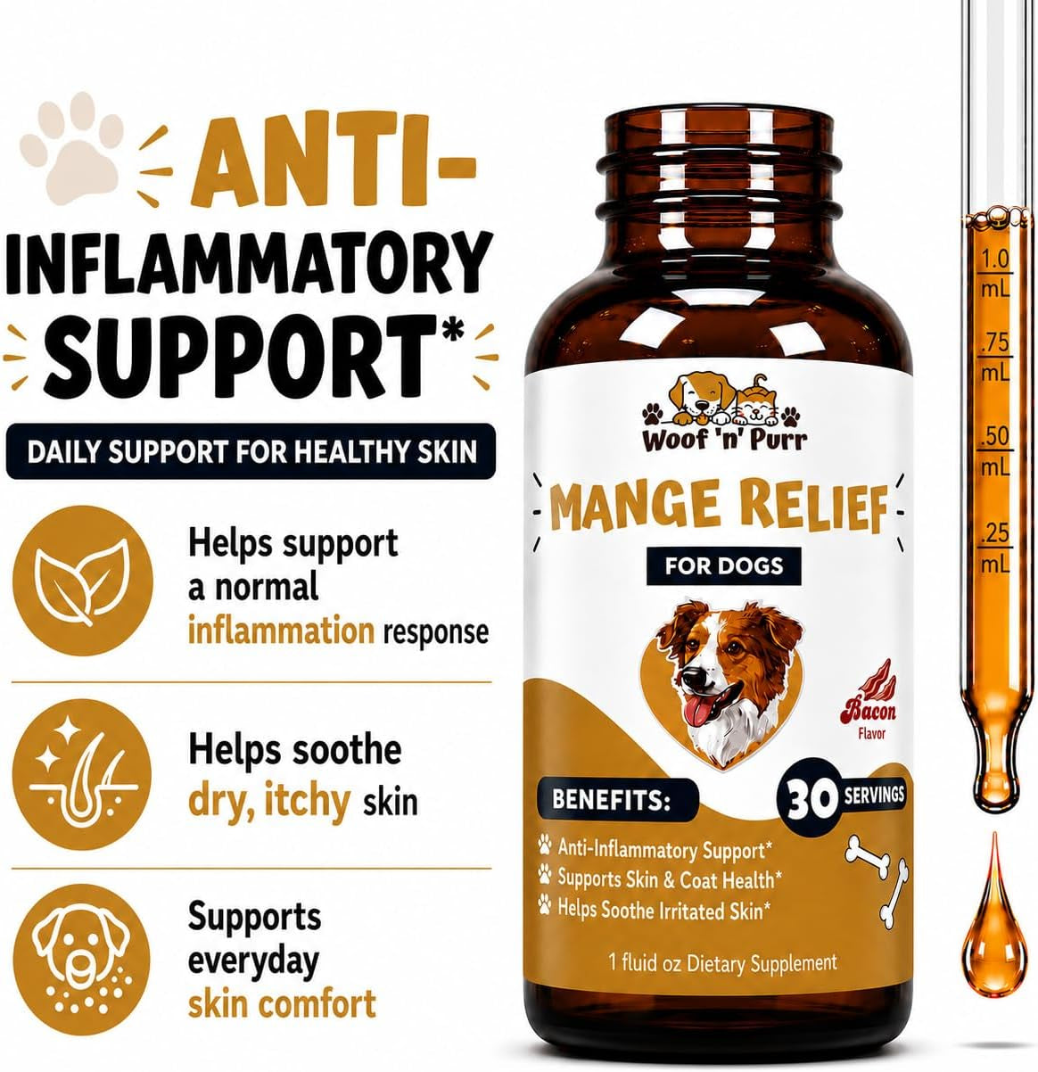 Dog Mange Treatment - Mange Treatment Dogs - Supports Healthy Skin & Coat, Inflammation Reduction, & Much More - Mange Relief for Dogs - 1 Fl Oz - Bacon Flavor
