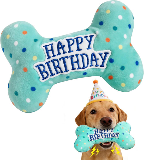 Dog Birthday Toys, Plush Dog Squeaky Toys, Stuffed Puppy Chew Toy for Small Medium Large Dogs, Bone Pet Toy