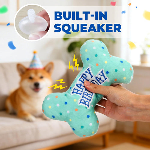 Dog Birthday Toys, Plush Dog Squeaky Toys, Stuffed Puppy Chew Toy for Small Medium Large Dogs, Bone Pet Toy