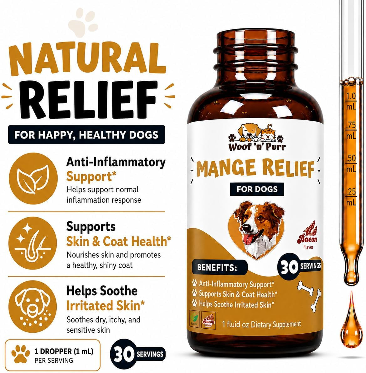 Dog Mange Treatment - Mange Treatment Dogs - Supports Healthy Skin & Coat, Inflammation Reduction, & Much More - Mange Relief for Dogs - 1 Fl Oz - Bacon Flavor