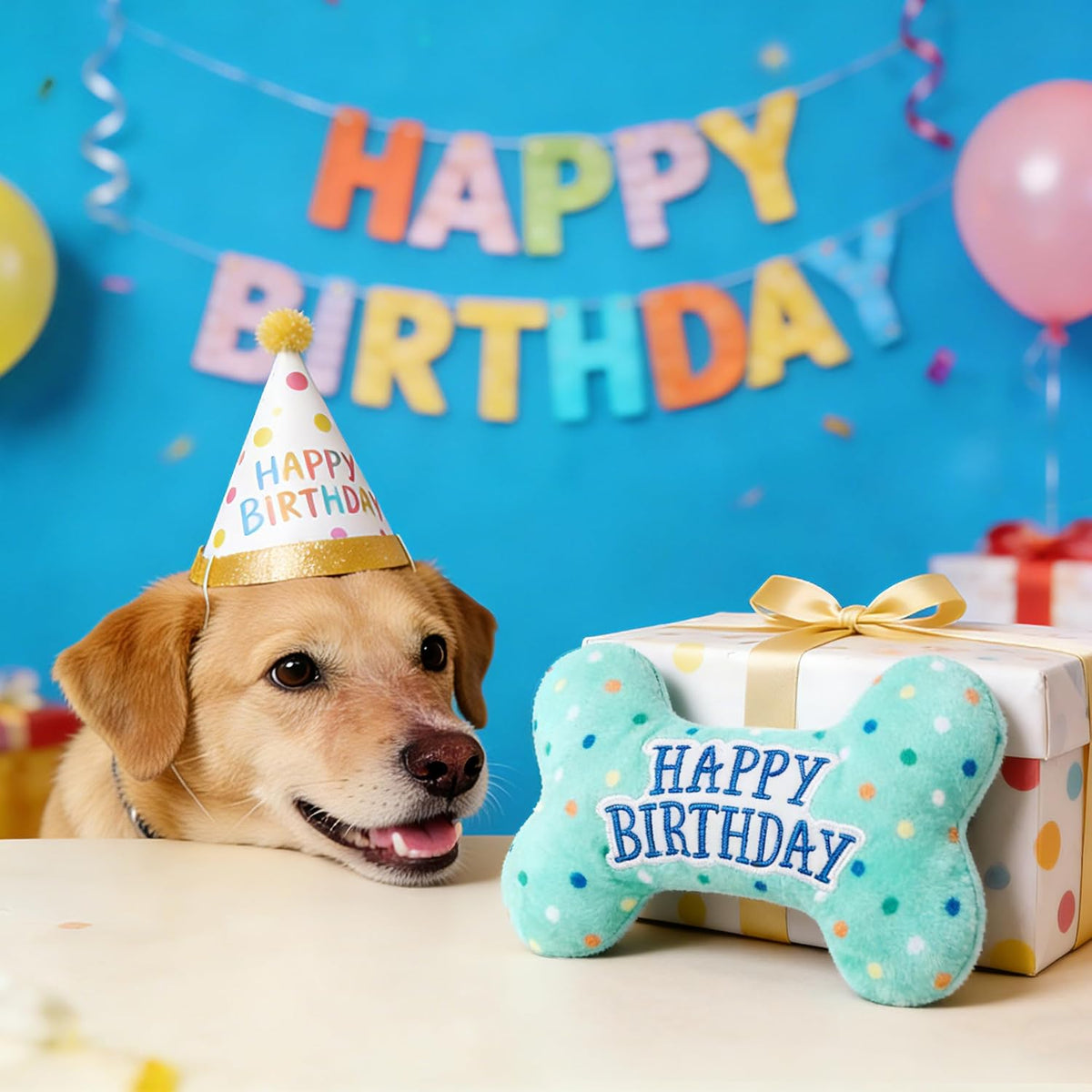 Dog Birthday Toys, Plush Dog Squeaky Toys, Stuffed Puppy Chew Toy for Small Medium Large Dogs, Bone Pet Toy