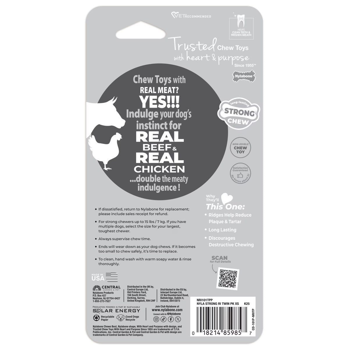 Strong Chew Textured Bone Dog Toy, Dog Chew Toy, Made with Real Beef & Chicken, X-Small, 2-Pack