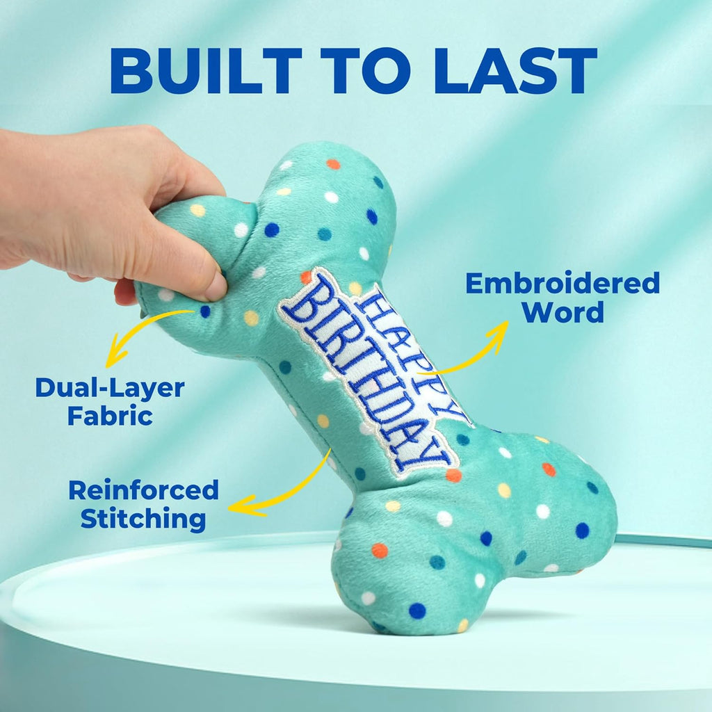 Dog Birthday Toys, Plush Dog Squeaky Toys, Stuffed Puppy Chew Toy for Small Medium Large Dogs, Bone Pet Toy