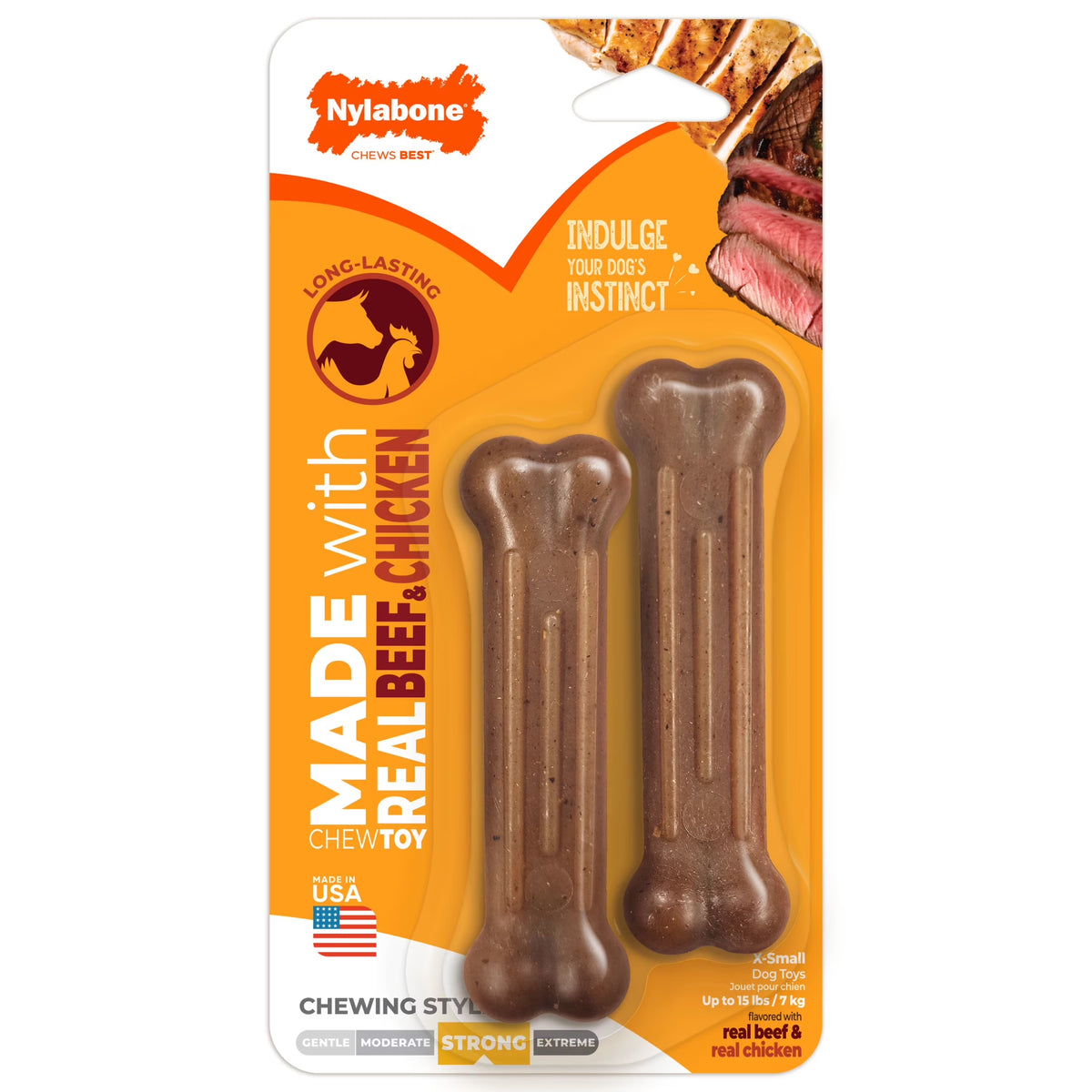 Strong Chew Textured Bone Dog Toy, Dog Chew Toy, Made with Real Beef & Chicken, X-Small, 2-Pack