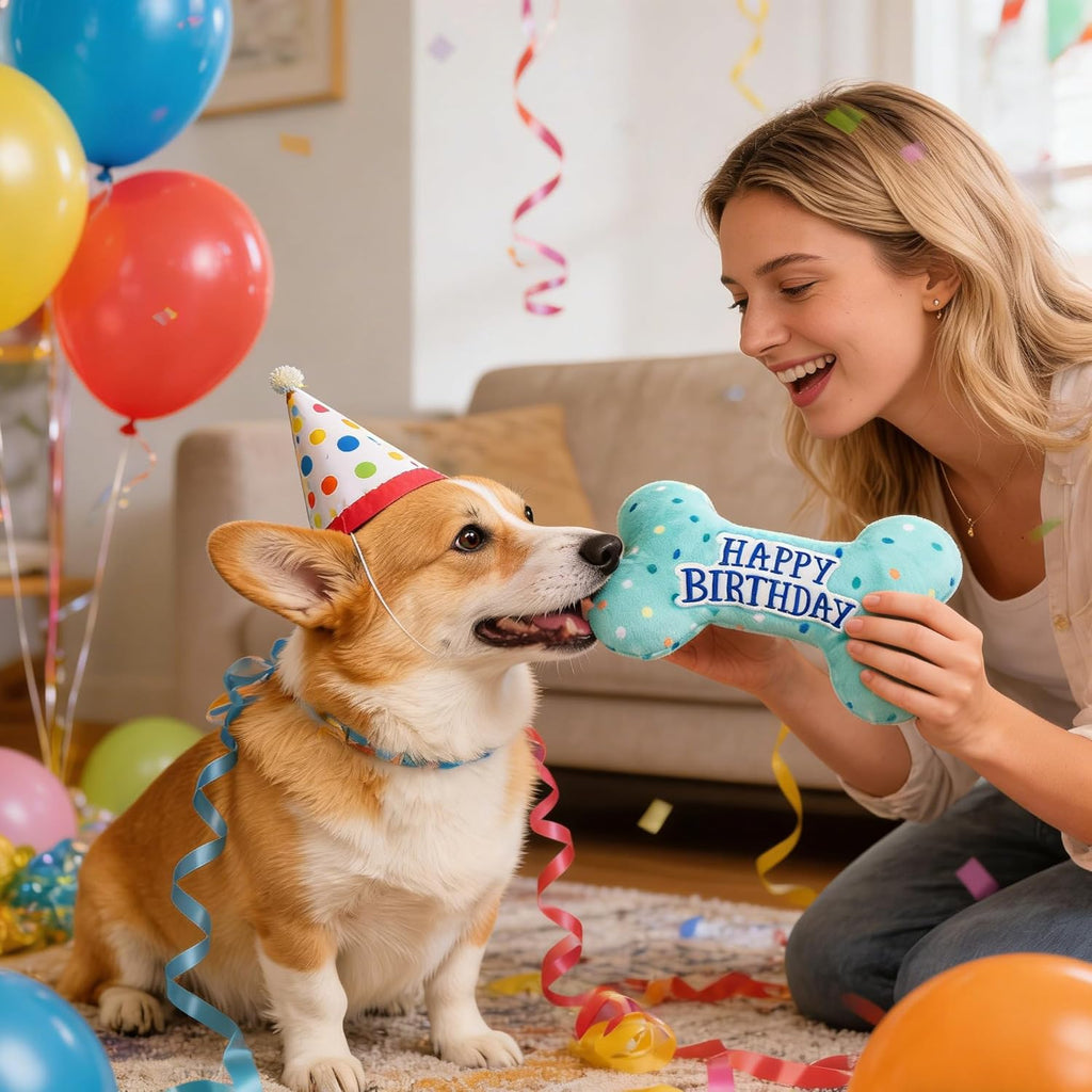Dog Birthday Toys, Plush Dog Squeaky Toys, Stuffed Puppy Chew Toy for Small Medium Large Dogs, Bone Pet Toy